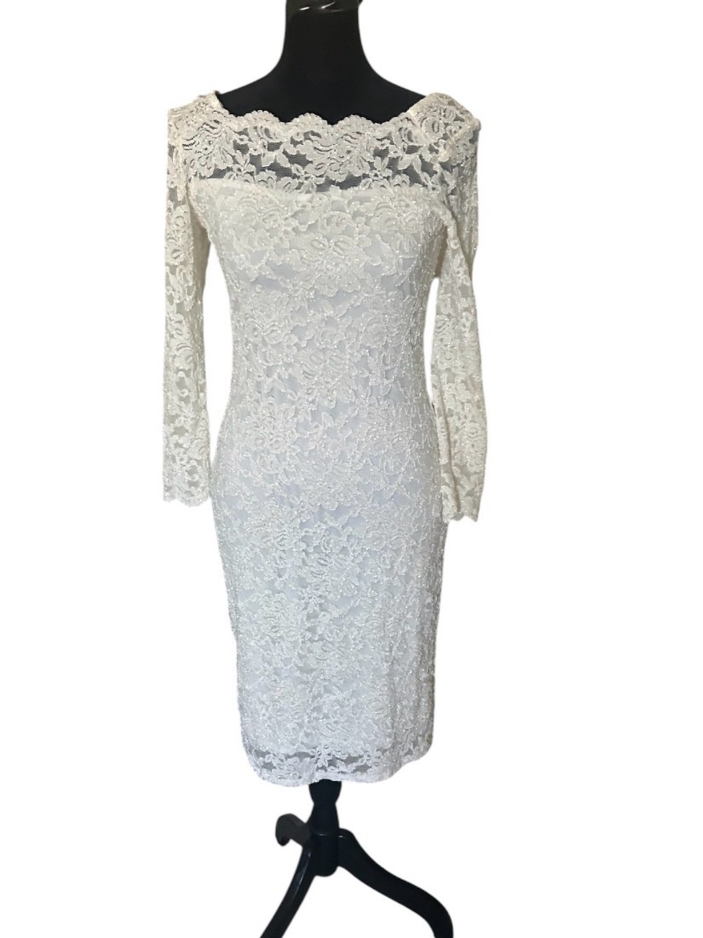 Onyx Nite Ivory Floral Lace Sheath Boat Neck Long Sleeve Lined Knee Dress 2